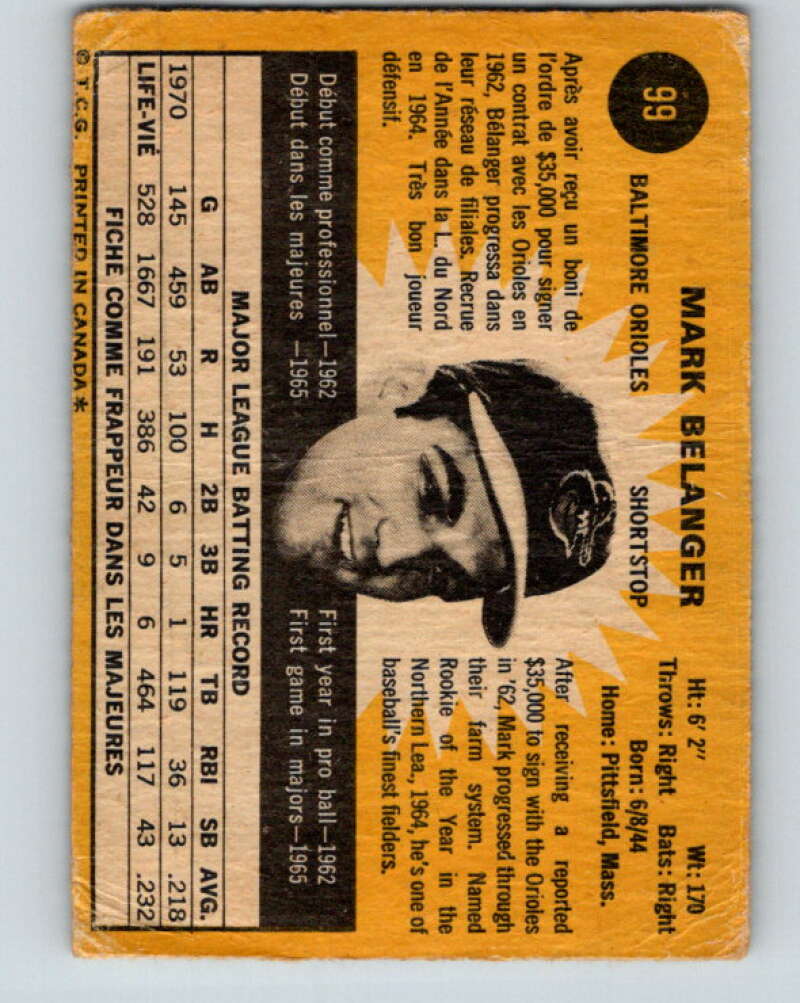 1971 O-Pee-Chee MLB #99 Mark Belanger� Baltimore Orioles� V10830