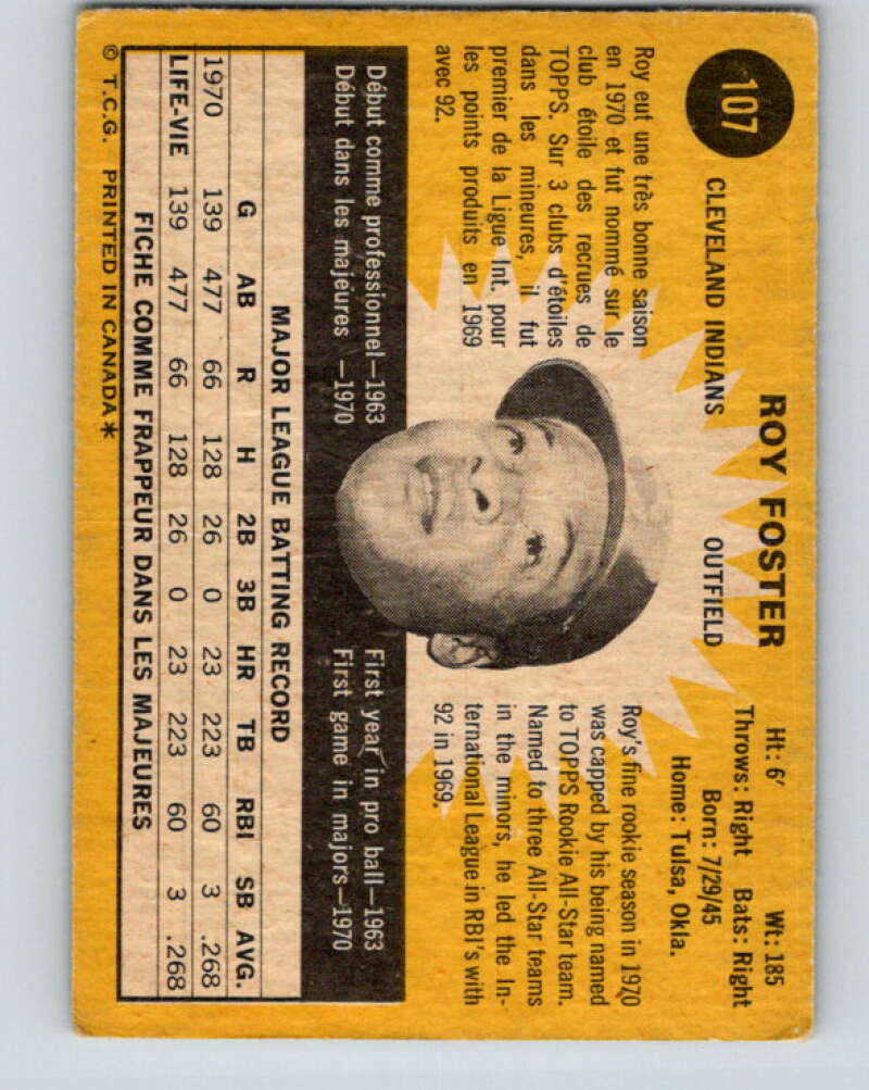 1971 O-Pee-Chee MLB #107 Roy Foster�RC Rookie Cleveland Indians� V10841