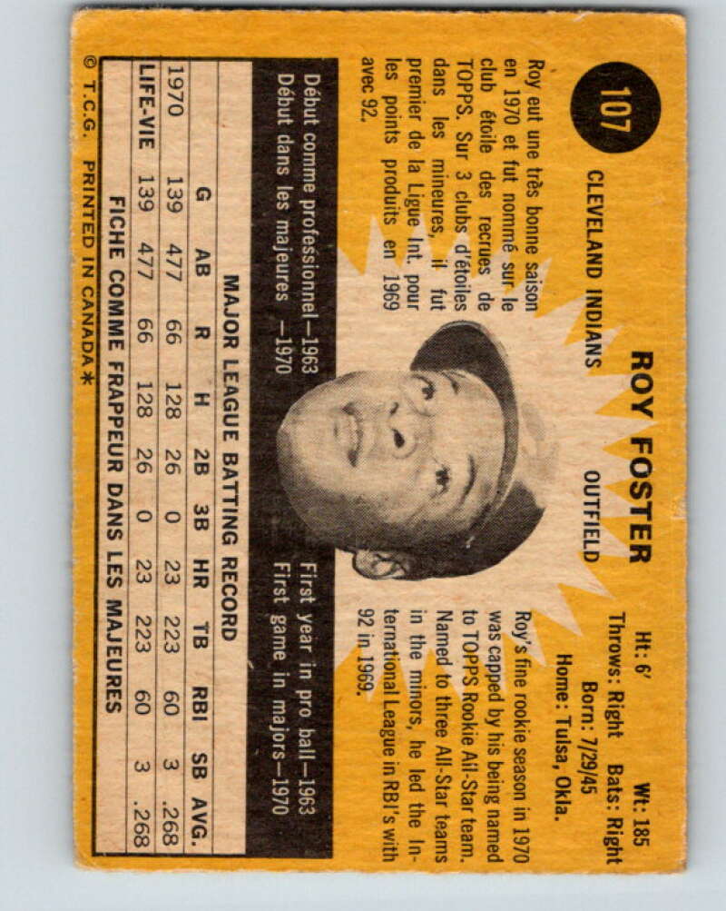 1971 O-Pee-Chee MLB #107 Roy Foster� RC Rookie Cleveland Indians� V10842