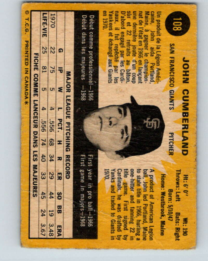 1971 O-Pee-Chee MLB #108 John Cumberland� San Francisco Giants� V10843