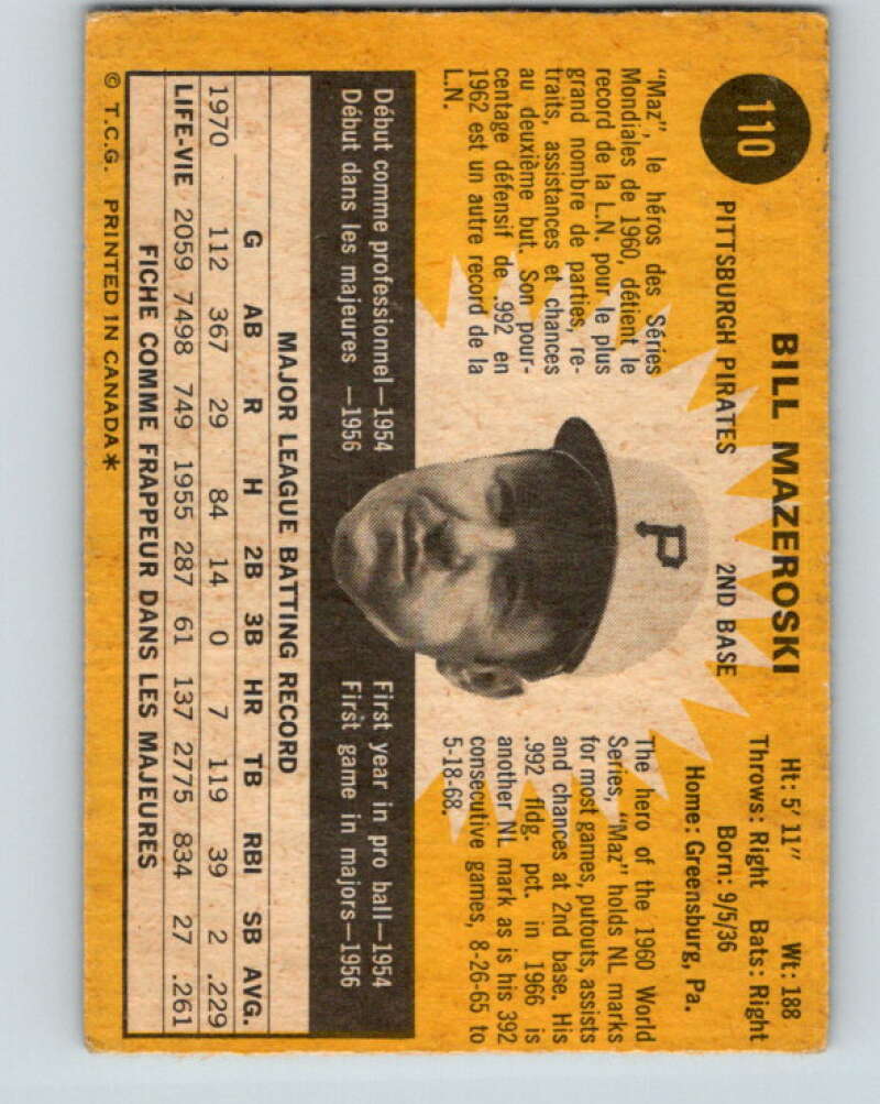 1971 O-Pee-Chee MLB #110 Bill Mazeroski� Pittsburgh Pirates� V10844