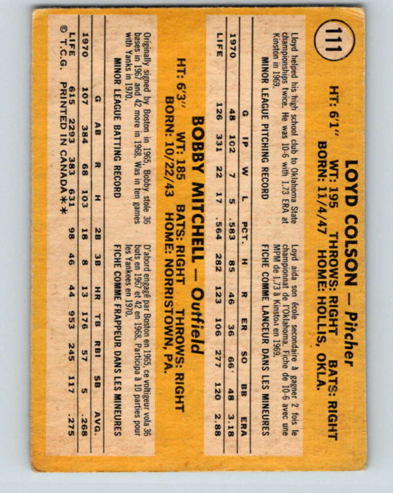 1971 O-Pee-Chee MLB #111 Colson/Mitchell� RC Rookie� V10845