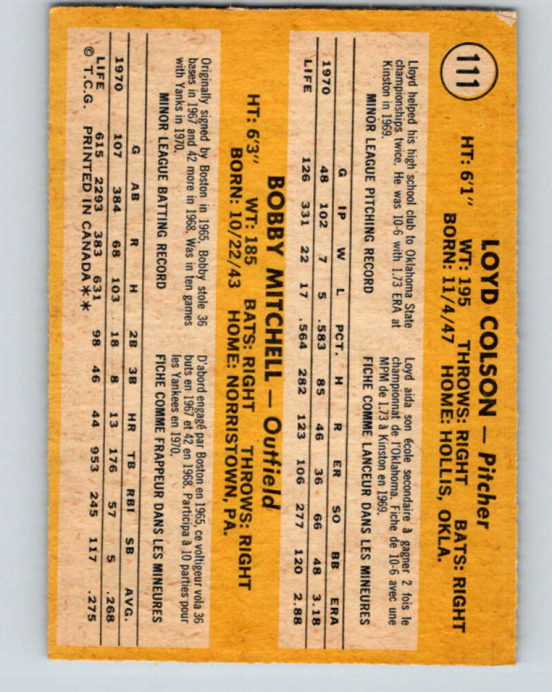 1971 O-Pee-Chee MLB #111 Colson/Mitchell� RC Rookie� V10846