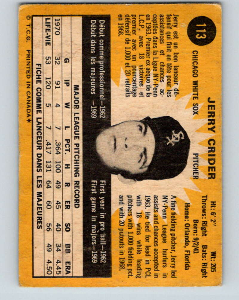 1971 O-Pee-Chee MLB #113 Jerry Crider� Chicago White Sox� V10848