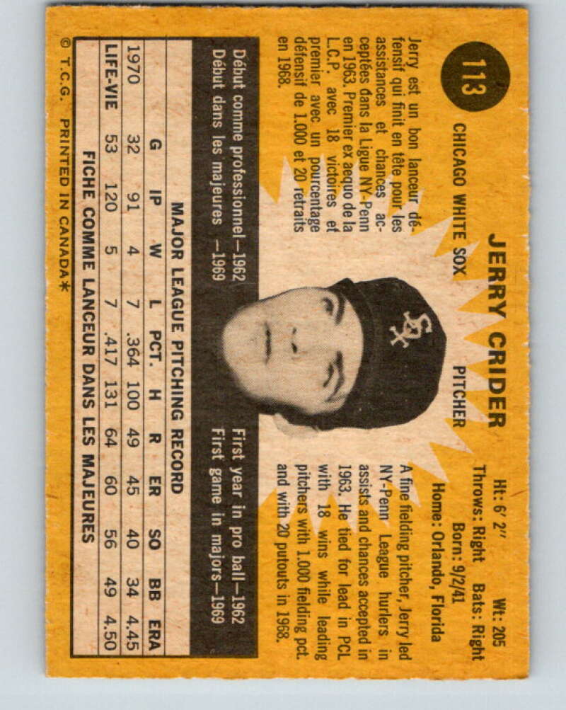 1971 O-Pee-Chee MLB #113 Jerry Crider� Chicago White Sox� V10849