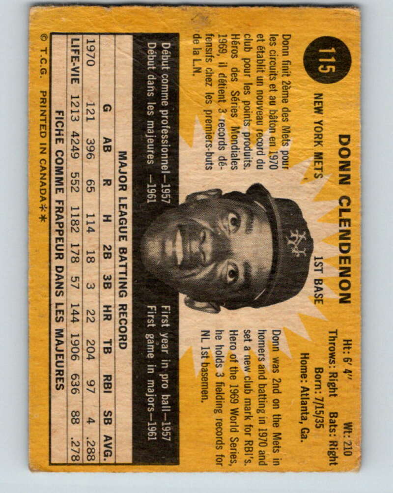 1971 O-Pee-Chee MLB #115 Donn Clendenon� New York Mets� V10851