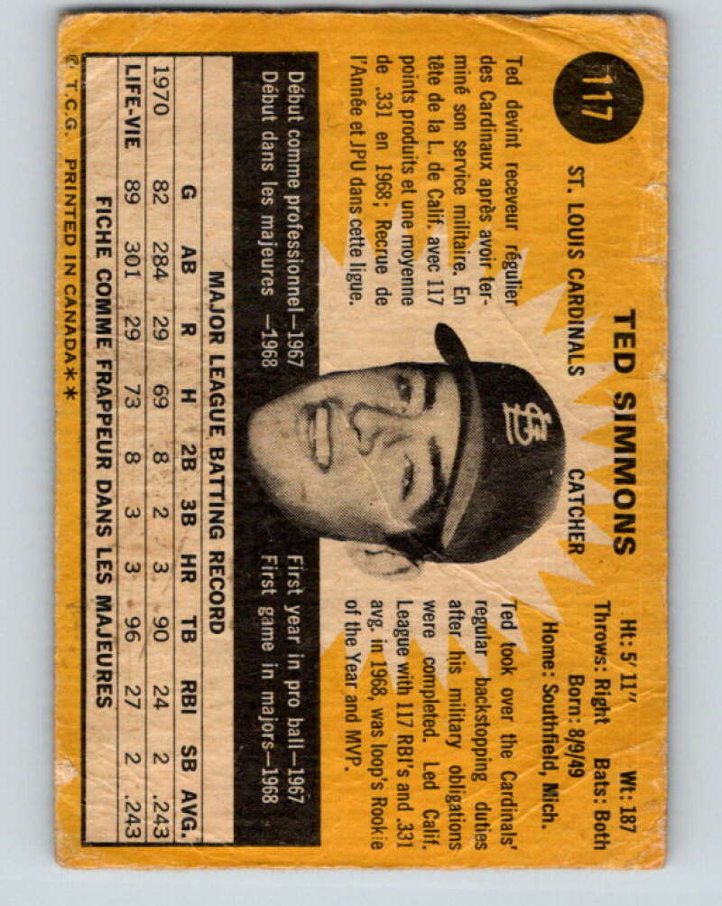 1971 O-Pee-Chee MLB #117 Ted Simmons� RC Rookie St. Louis Cardinals� V10853