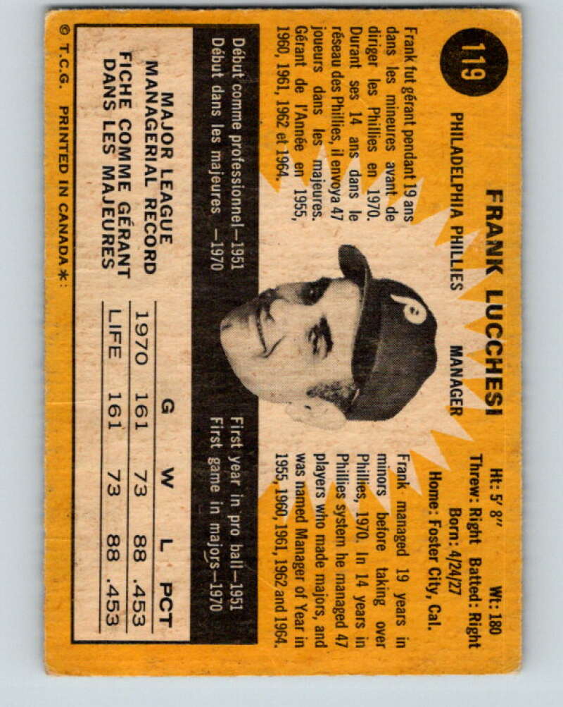 1971 O-Pee-Chee MLB #119 Frank Lucchesi� Philadelphia Phillies� V10860
