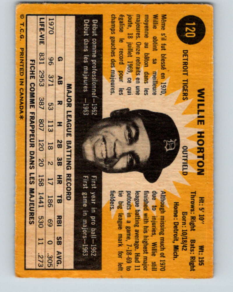 1971 O-Pee-Chee MLB #120 Willie Horton� Detroit Tigers� V10861