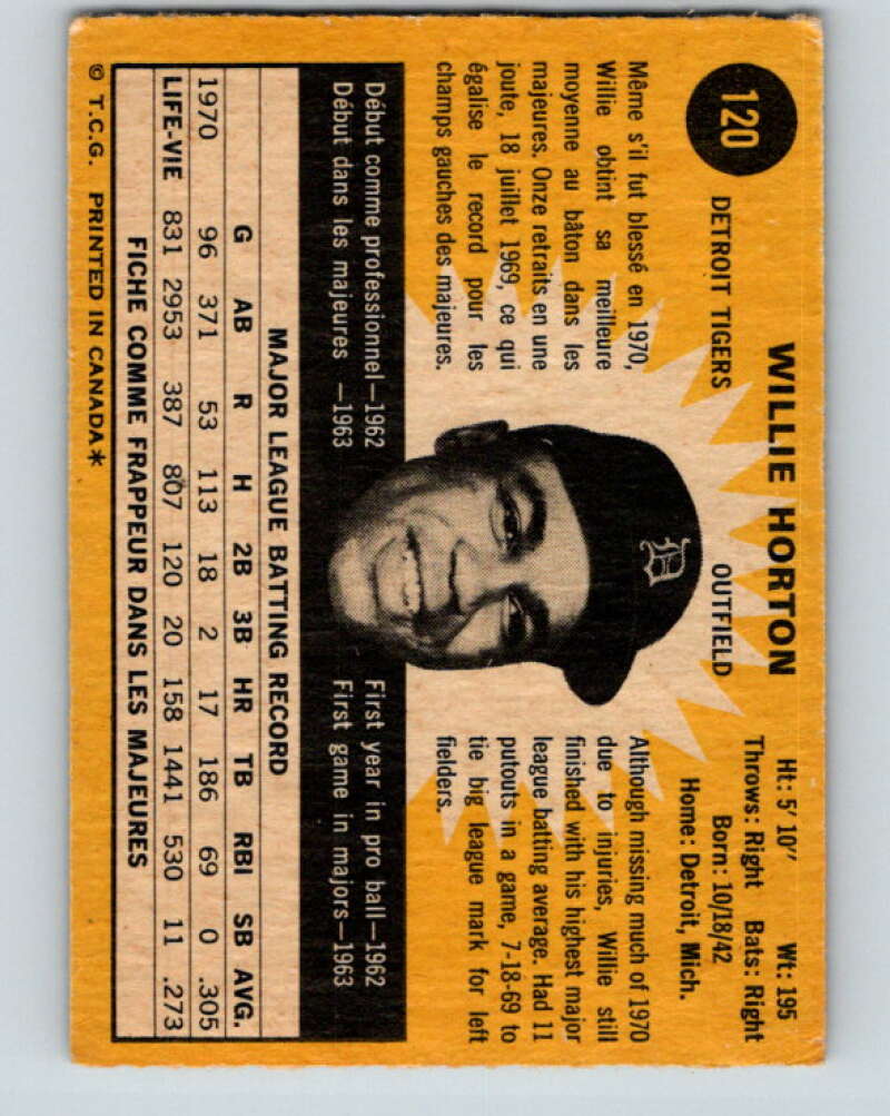 1971 O-Pee-Chee MLB #120 Willie Horton� Detroit Tigers� V10862