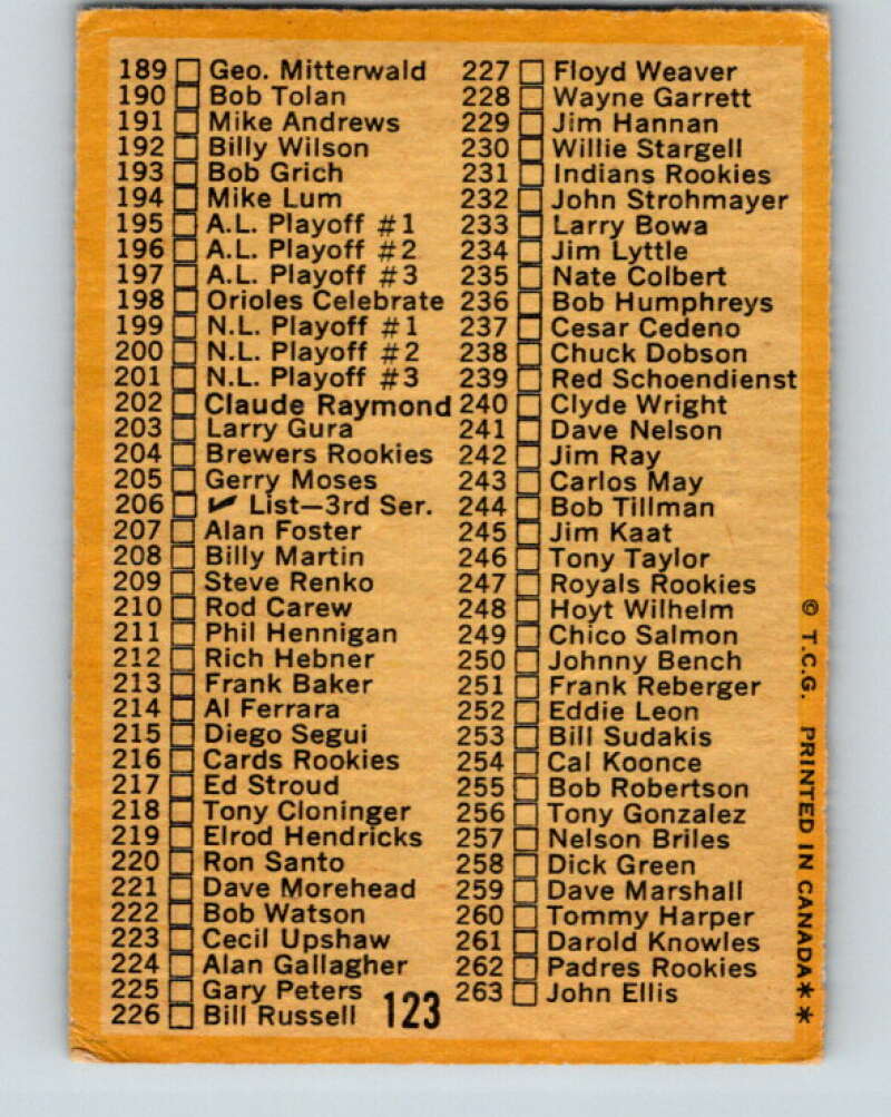 1971 O-Pee-Chee MLB #123 Checklist 133-263 � V10868