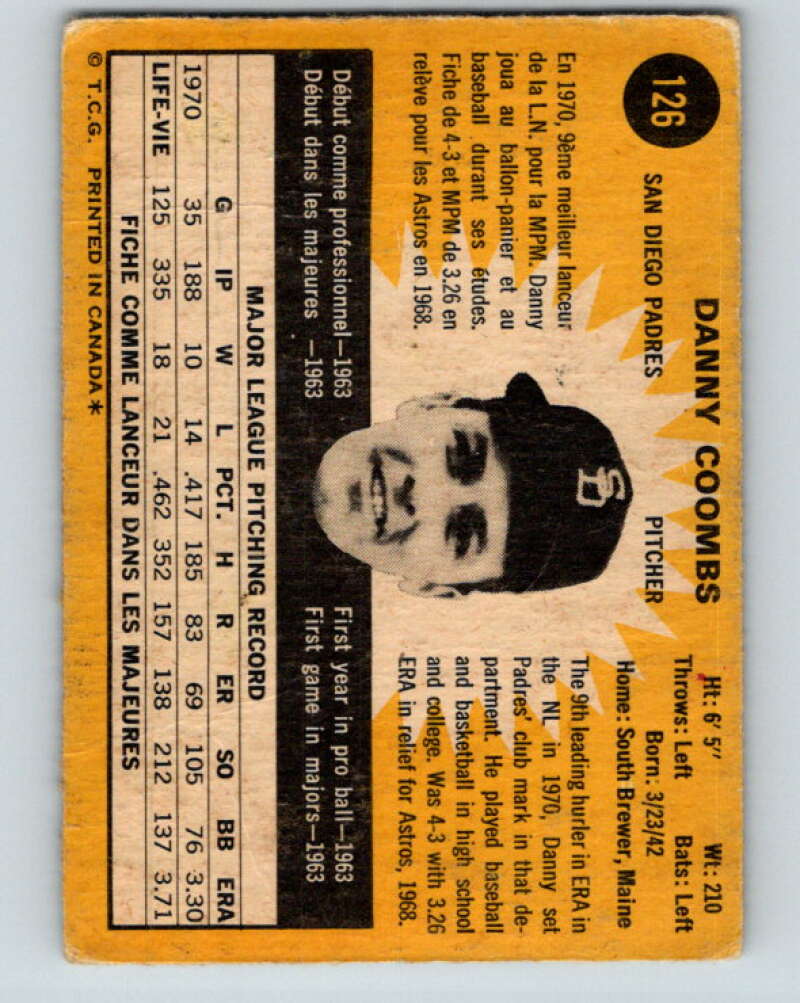 1971 O-Pee-Chee MLB #126 Danny Coombs� San Diego Padres� V10872