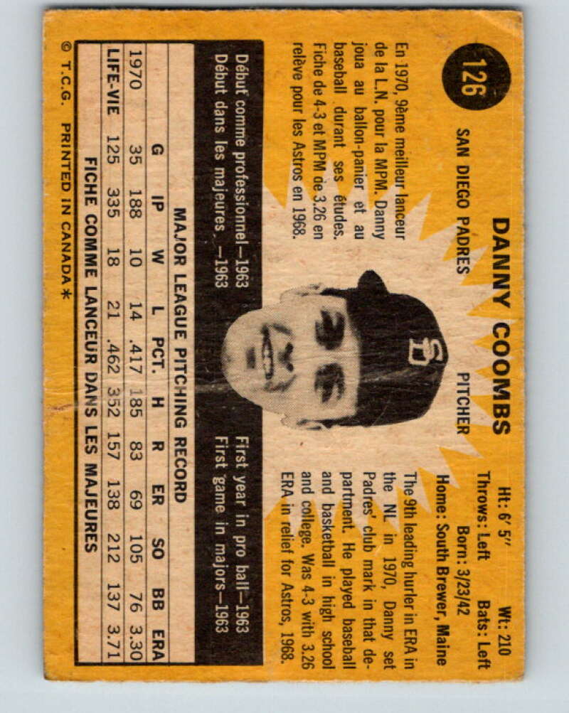 1971 O-Pee-Chee MLB #126 Danny Coombs� San Diego Padres� V10873