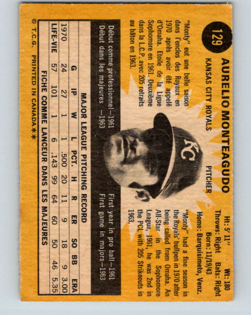 1971 O-Pee-Chee MLB #129 Aurelio Monteagudo� Kansas City Royals� V10879