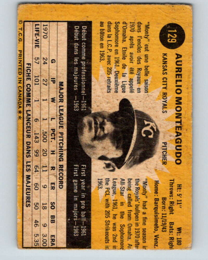 1971 O-Pee-Chee MLB #129 Aurelio Monteagudo� Kansas City Royals� V10880