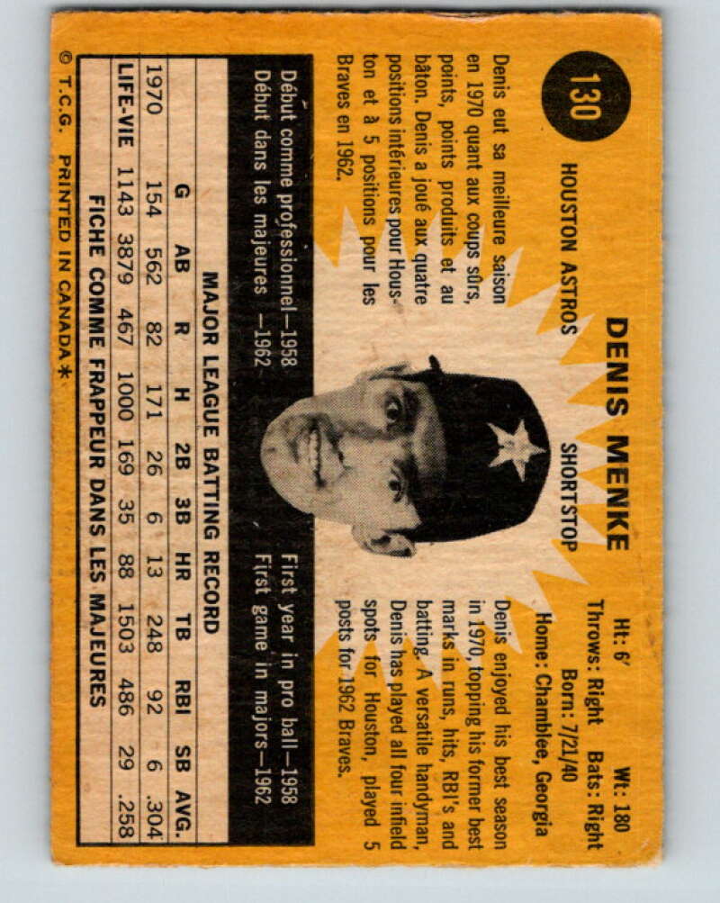 1971 O-Pee-Chee MLB #130 Denis Menke� Houston Astros� V10882
