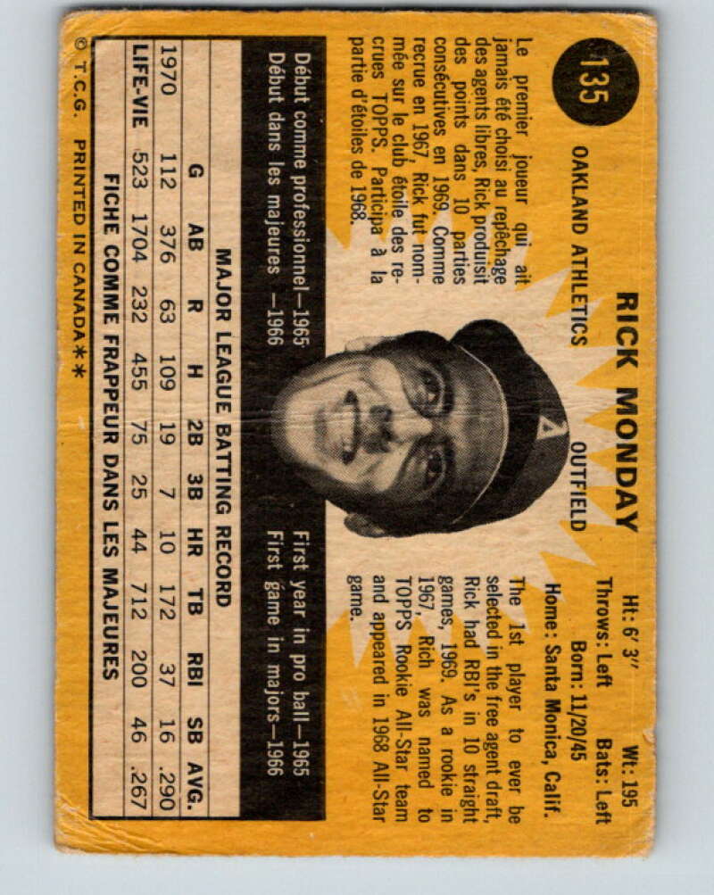 1971 O-Pee-Chee MLB #135 Rick Monday� Oakland Athletics� V10893