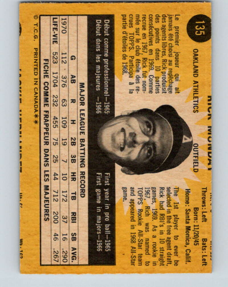 1971 O-Pee-Chee MLB #135 Rick Monday� Oakland Athletics� V10894