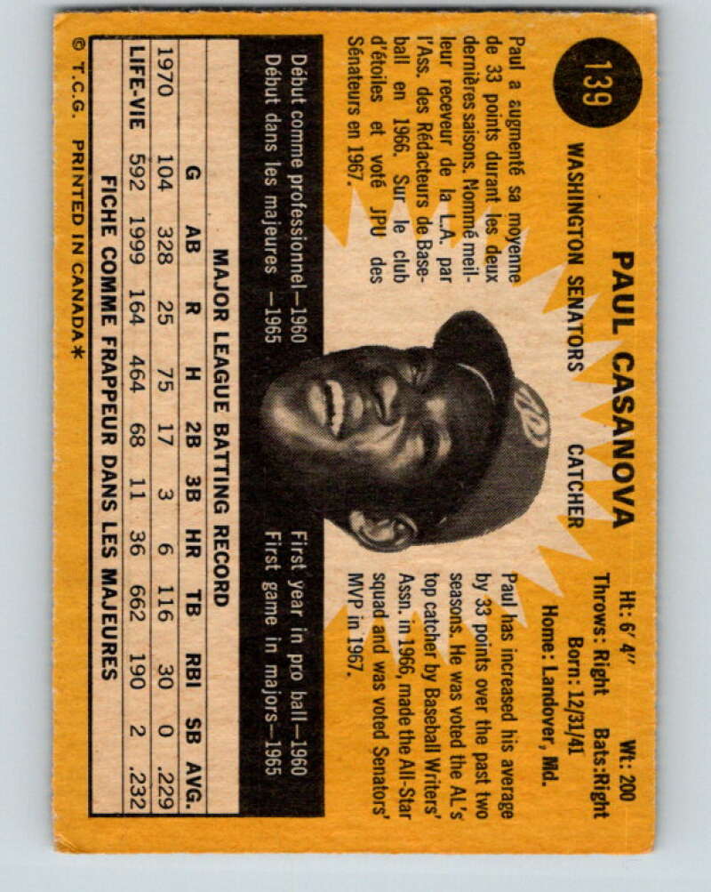 1971 O-Pee-Chee MLB #139 Paul Casanova� Washington Senators� V10898
