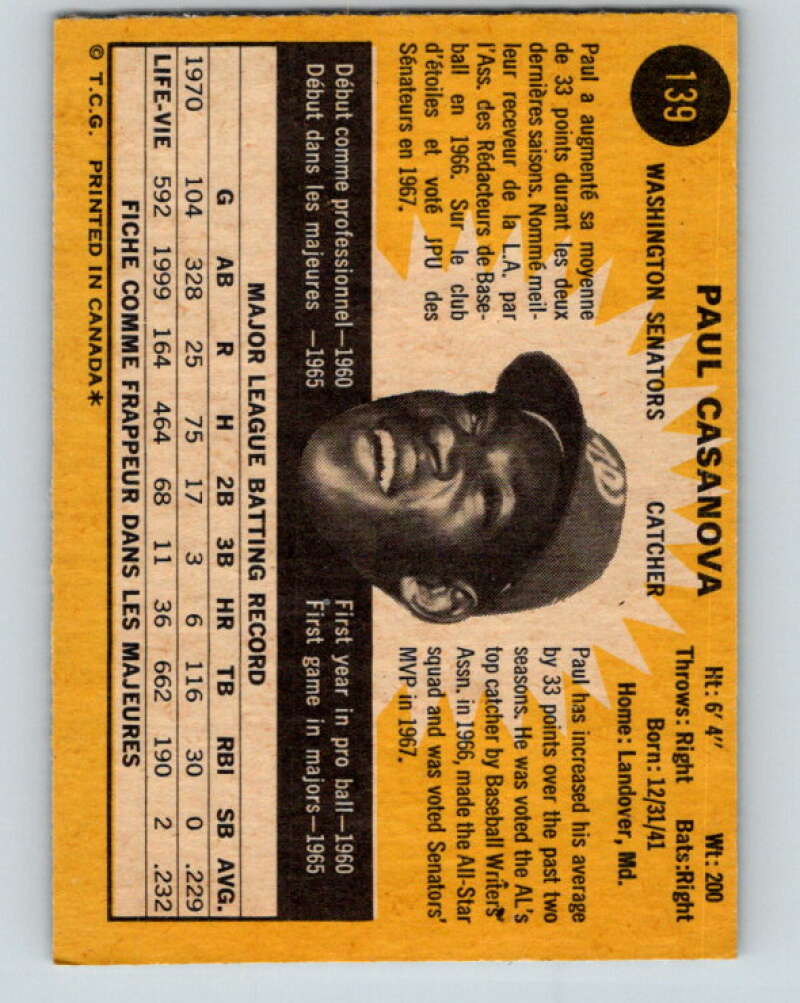 1971 O-Pee-Chee MLB #139 Paul Casanova� Washington Senators� V10899