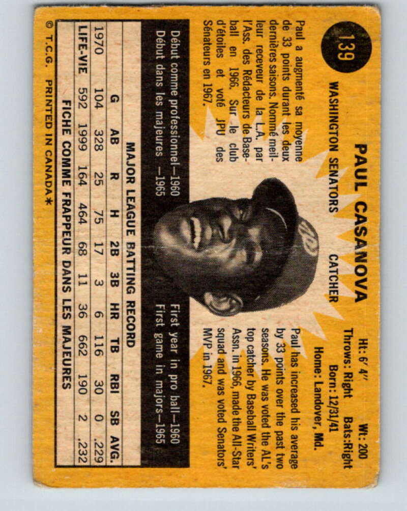 1971 O-Pee-Chee MLB #139 Paul Casanova� Washington Senators� V10900