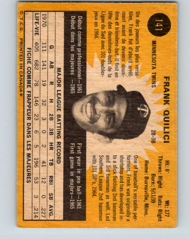 1971 O-Pee-Chee MLB #141 Frank Quilici� Minnesota Twins� V10904