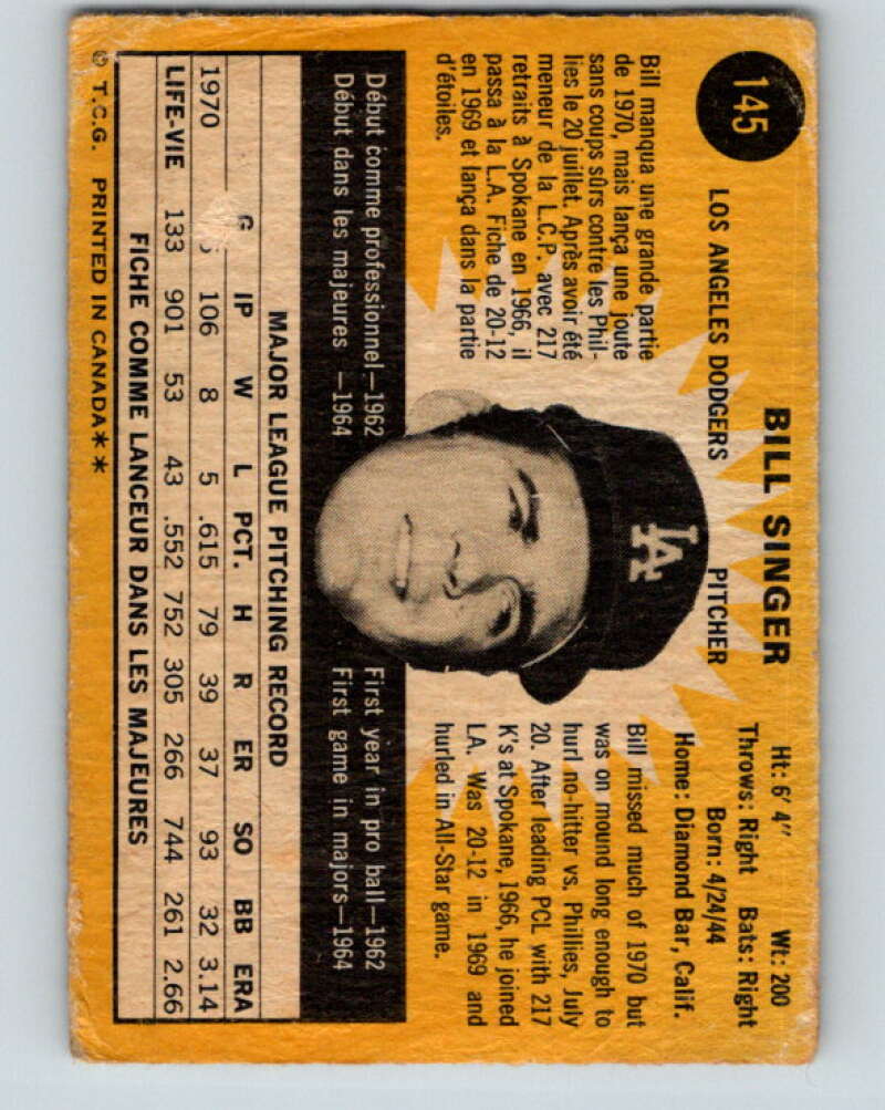 1971 O-Pee-Chee MLB #145 Bill Singer� Los Angeles Dodgers� V10909