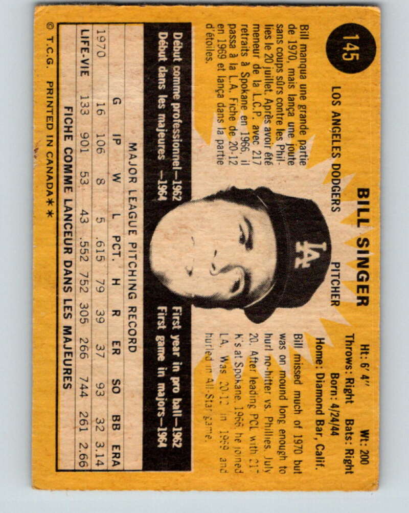 1971 O-Pee-Chee MLB #145 Bill Singer� Los Angeles Dodgers� V10911
