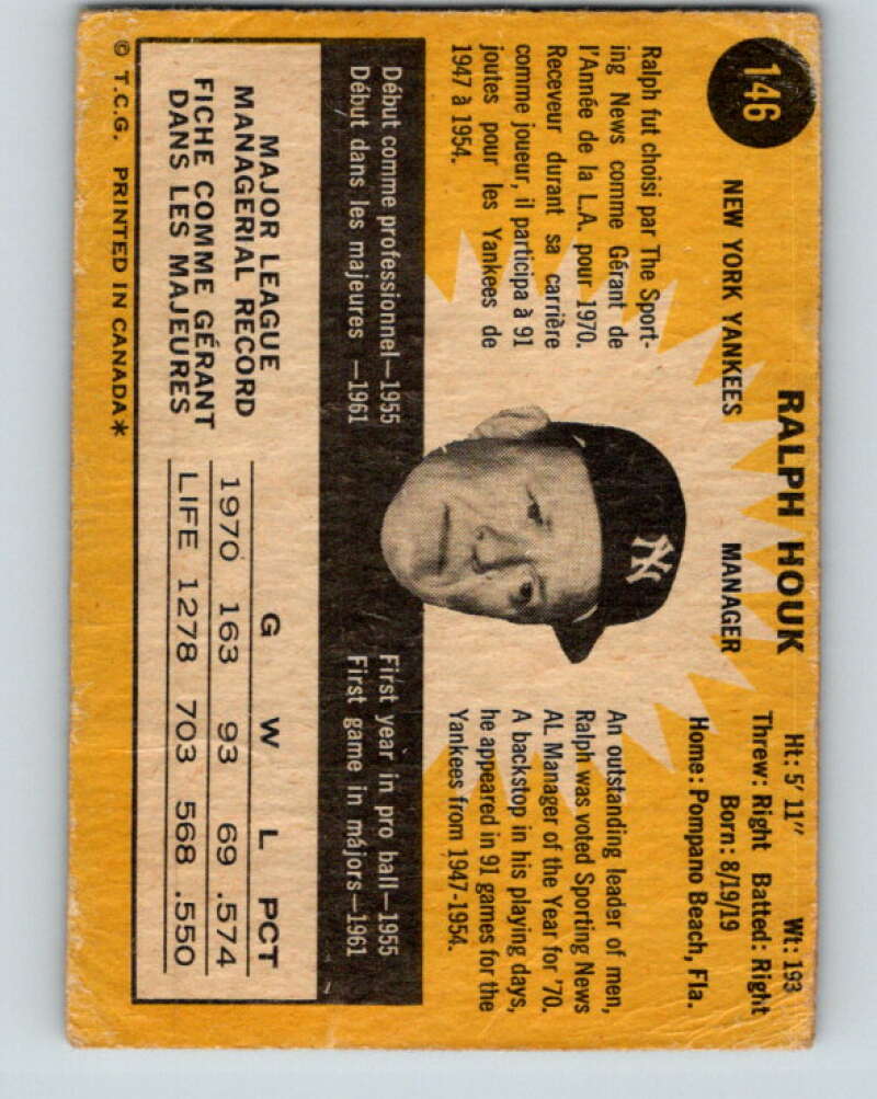 1971 O-Pee-Chee MLB #146 Ralph Houk� New York Yankees� V10912