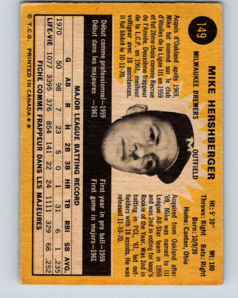 1971 O-Pee-Chee MLB #149 Mike Hershberger� Milwaukee Brewers� V10915