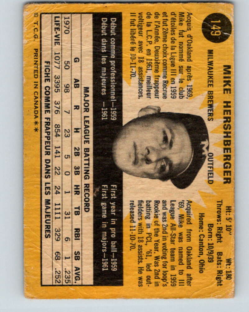 1971 O-Pee-Chee MLB #149 Mike Hershberger� Milwaukee Brewers� V10916