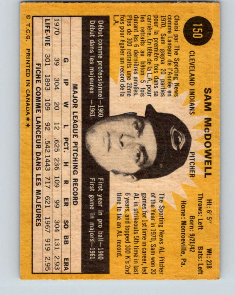 1971 O-Pee-Chee MLB #150 Sam McDowell� Cleveland Indians� V10918