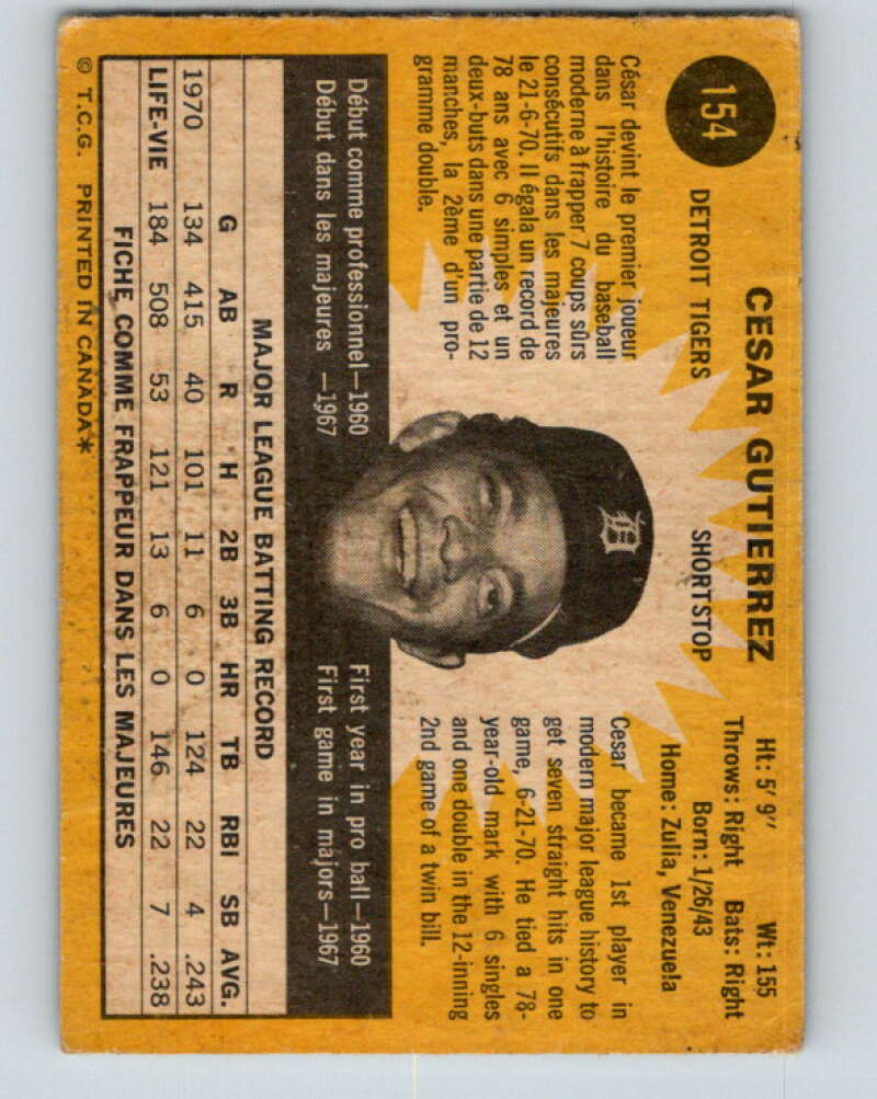 1971 O-Pee-Chee MLB #154 Cesar Gutierrez� Detroit Tigers� V10925