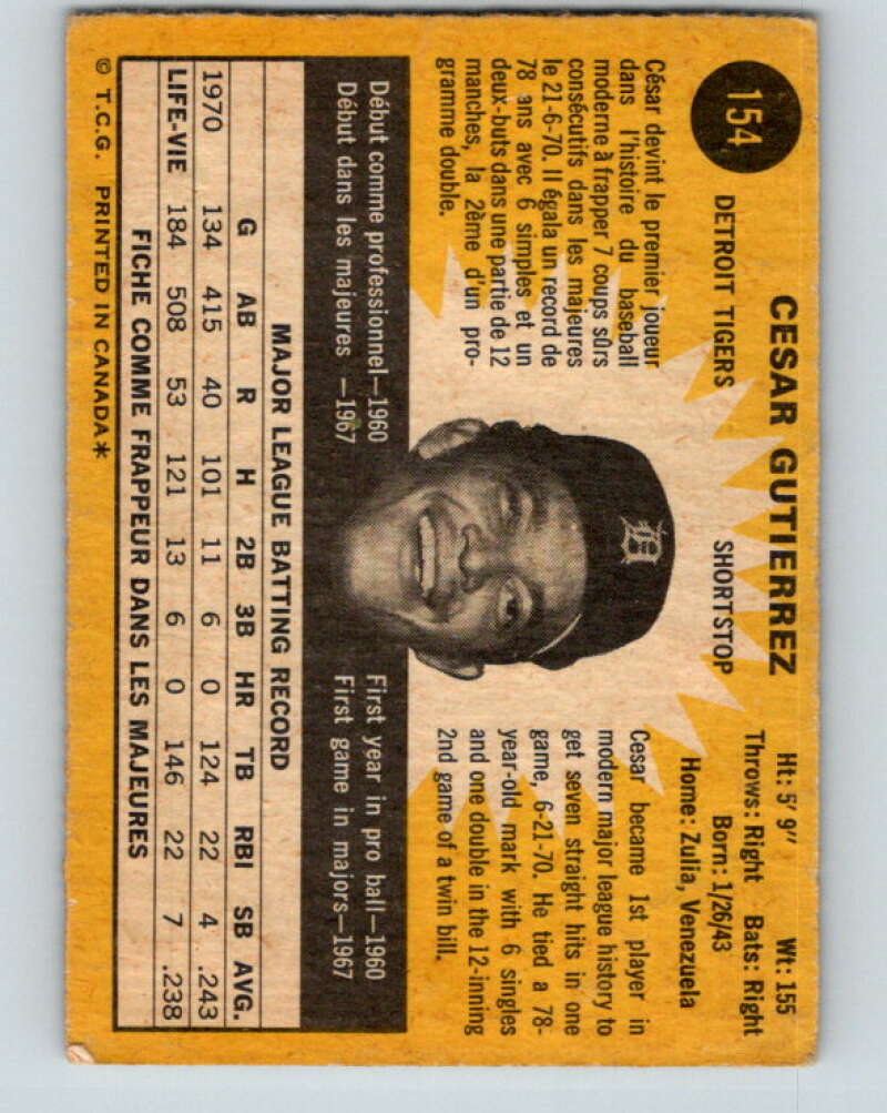 1971 O-Pee-Chee MLB #154 Cesar Gutierrez� Detroit Tigers� V10928