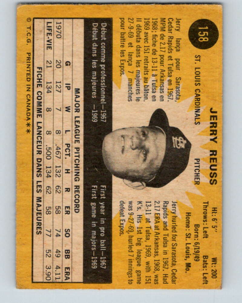 1971 O-Pee-Chee MLB #158 Jerry Reuss� St. Louis Cardinals� V10934