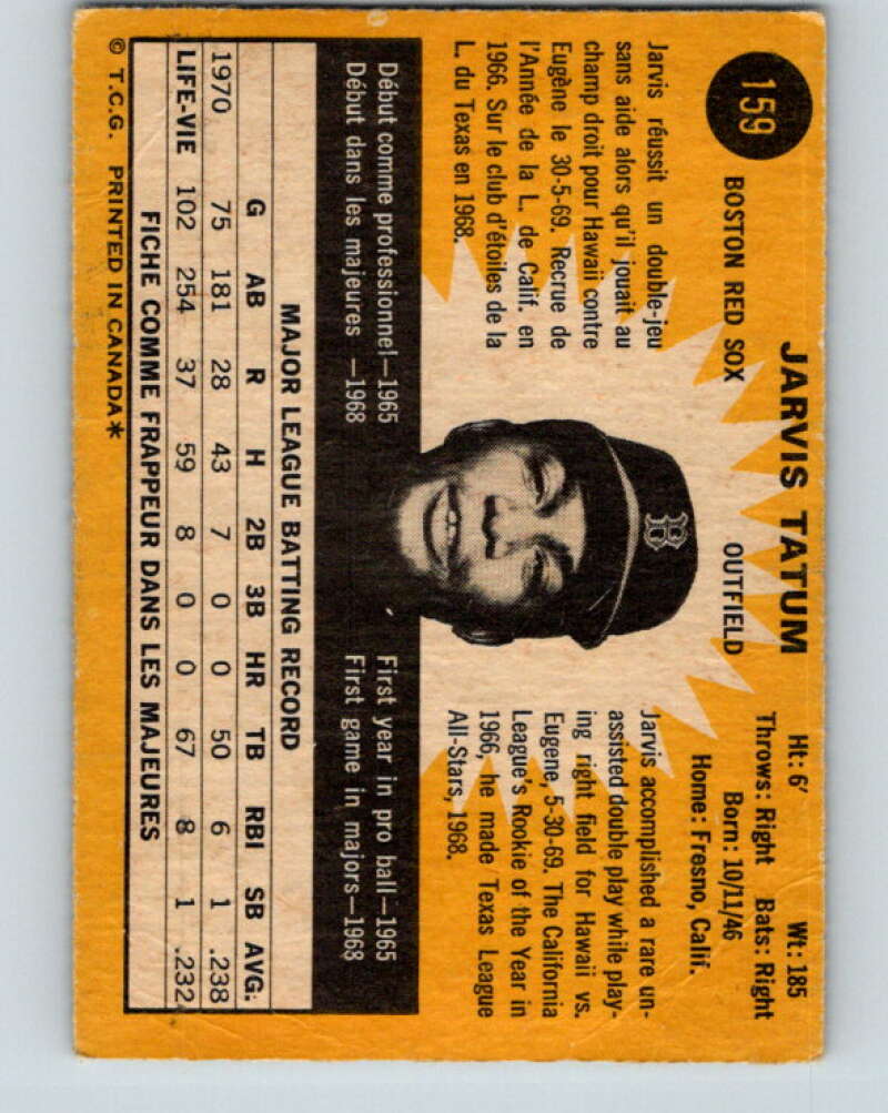 1971 O-Pee-Chee MLB #159 Jarvis Tatum� Boston Red Sox� V10935