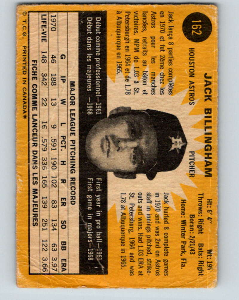 1971 O-Pee-Chee MLB #162 Jack Billingham� Houston Astros� V10944