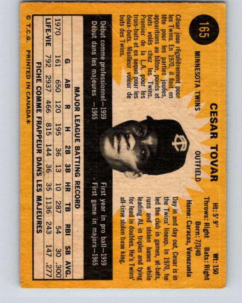 1971 O-Pee-Chee MLB #165 Cesar Tovar� Minnesota Twins� V10950