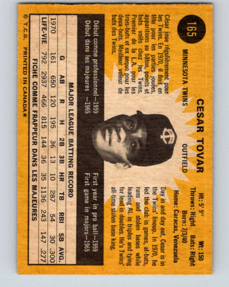 1971 O-Pee-Chee MLB #165 Cesar Tovar� Minnesota Twins� V10952