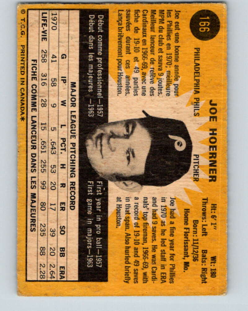 1971 O-Pee-Chee MLB #166 Joe Hoerner� Philadelphia Phillies� V10954