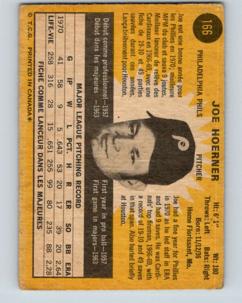 1971 O-Pee-Chee MLB #166 Joe Hoerner� Philadelphia Phillies� V10956