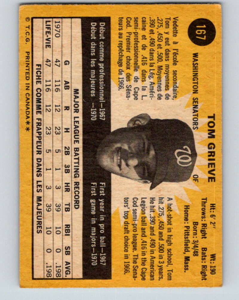 1971 O-Pee-Chee MLB #167 Tom Grieve� RC Rookie Washington  V10957