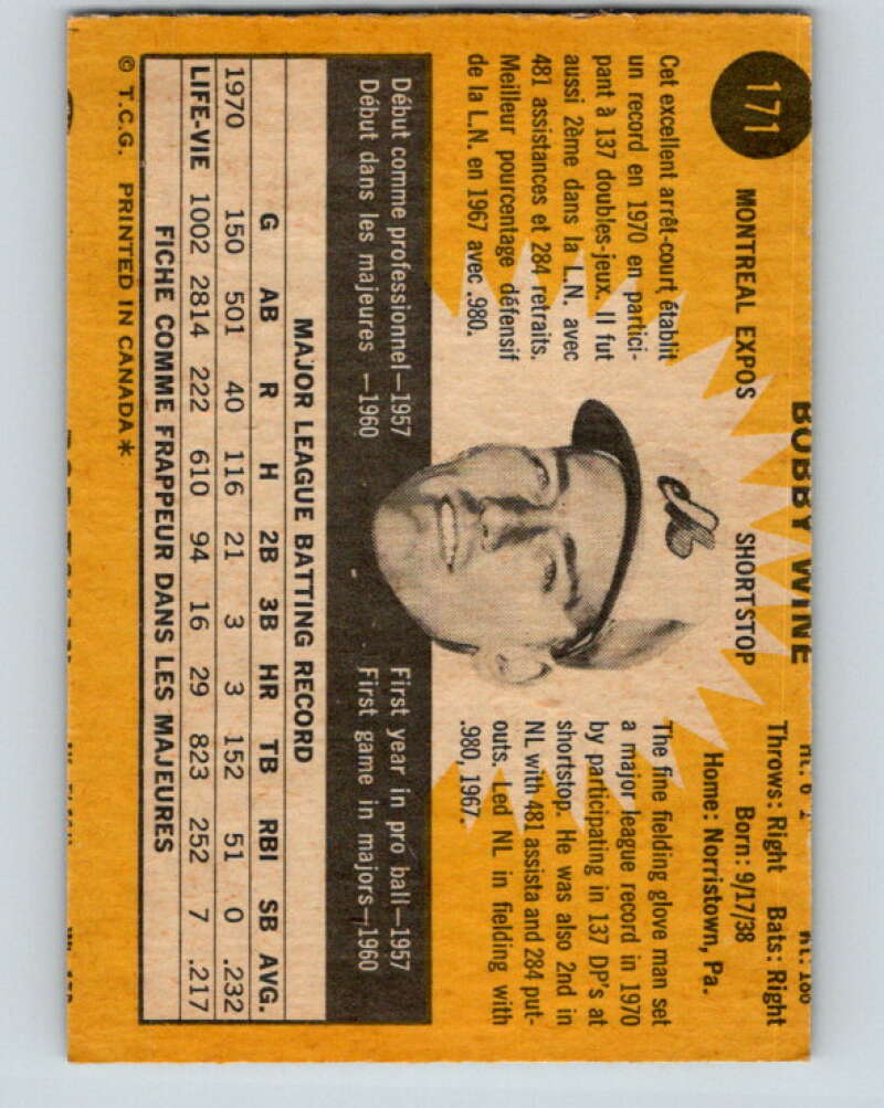 1971 O-Pee-Chee MLB #171 Bobby Wine� Montreal Expos� V10964