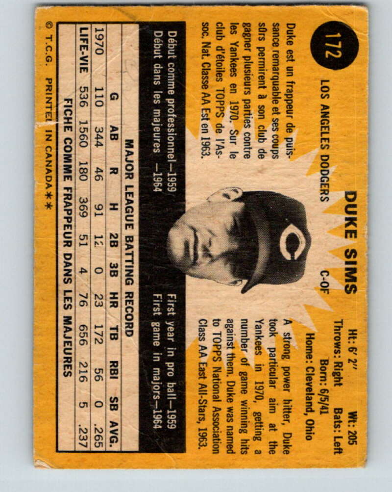 1971 O-Pee-Chee MLB #172 Duke Sims� Los Angeles Dodgers� V10965