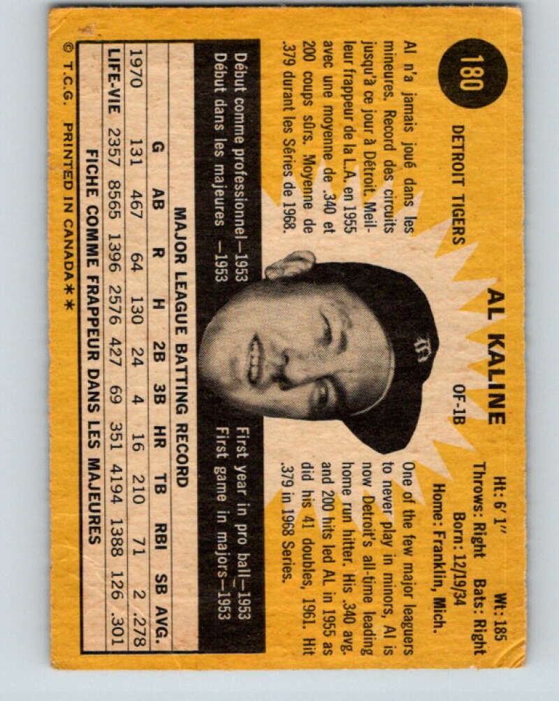 1971 O-Pee-Chee MLB #180 Al Kaline� Detroit Tigers� V10978