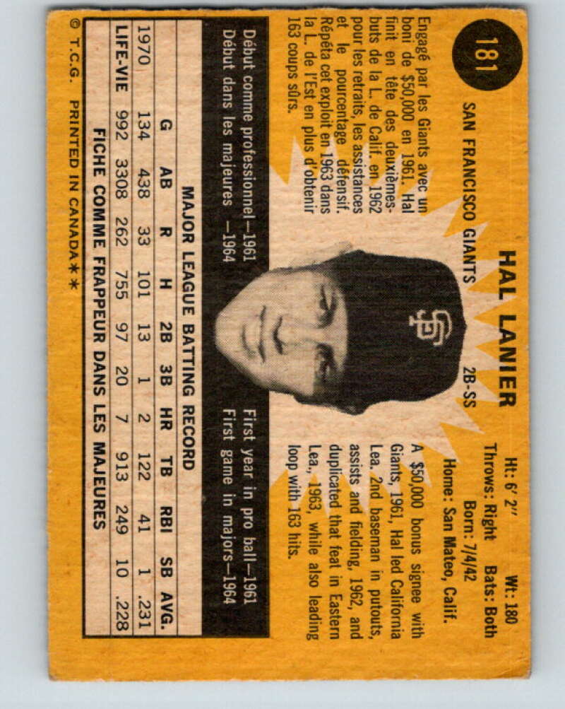1971 O-Pee-Chee MLB #181 Hal Lanier� San Francisco Giants� V10980