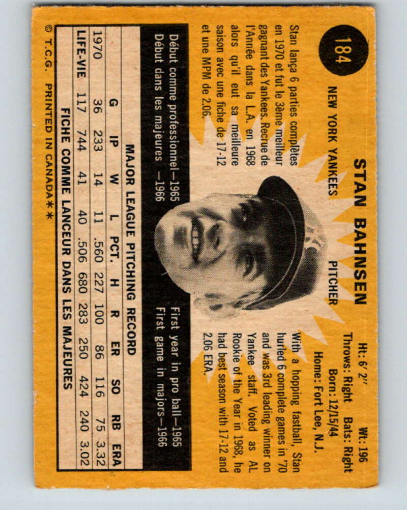 1971 O-Pee-Chee MLB #184 Stan Bahnsen� New York Yankees� V10984