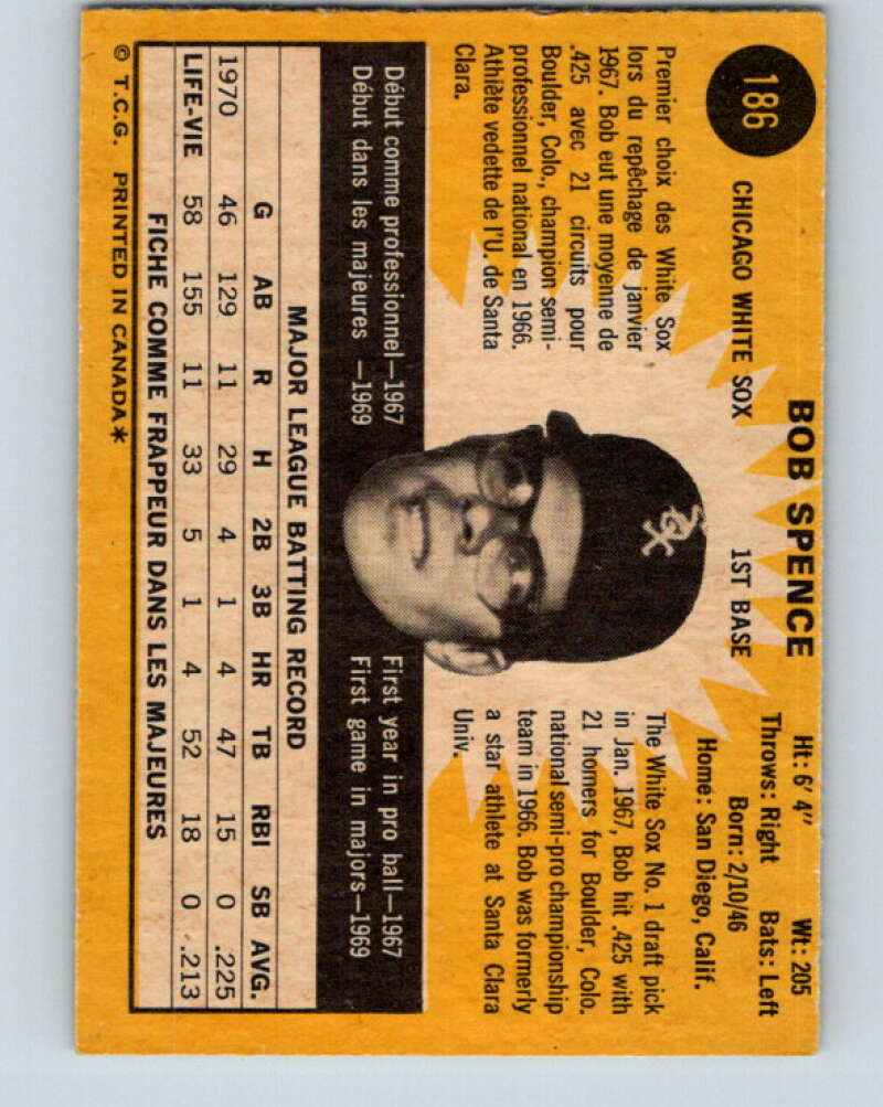 1971 O-Pee-Chee MLB #186 Bob Spence� RC Rookie� V10990