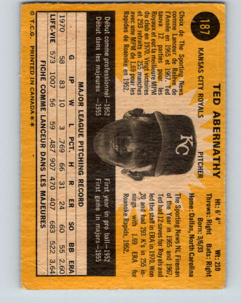 1971 O-Pee-Chee MLB #187 Ted Abernathy� Kansas City Royals� V10993