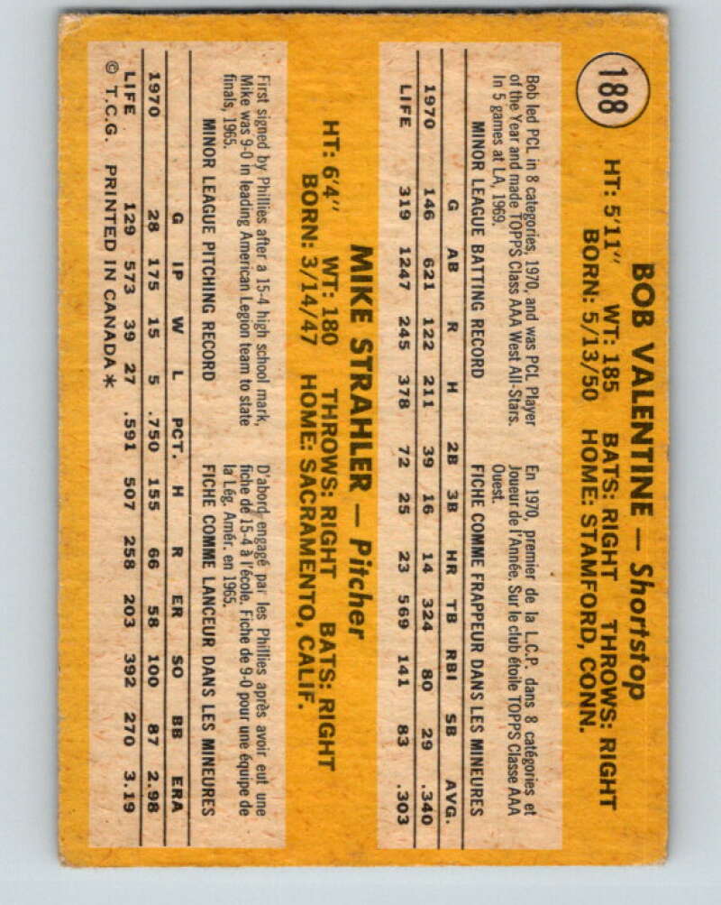 1971 O-Pee-Chee MLB #188 Valentine/Strahler� RC Rookie� V10996